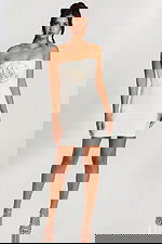 Strapless off-white mini dress with beaded rose applique