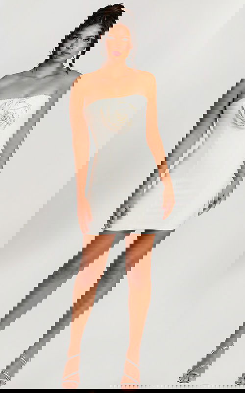 Strapless off-white mini dress with beaded rose applique