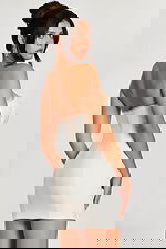 Back view of off-white strapless bodycon dress