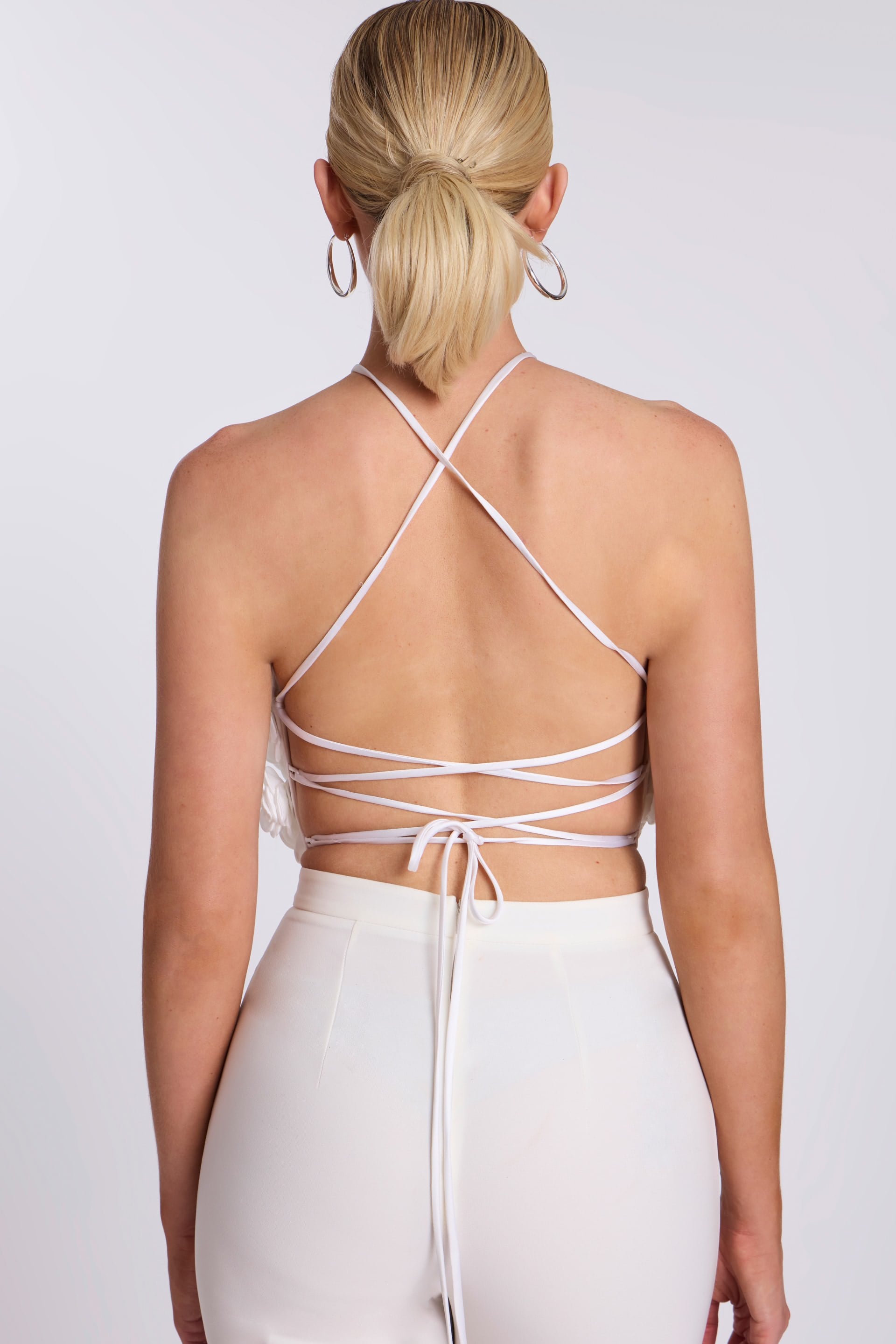 3D Rosette Halter Crop Top with Lace-Up Back 45154 | Jovani