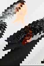 Deep V-Neck Black Suit with Draped Bodice and Satin Rose