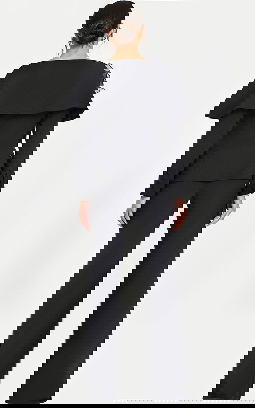 Elegant Black Power Suit Featuring 3D Floral Accent and Flared Pants