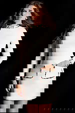 Long sleeve white dress with jeweled neckline and front pockets