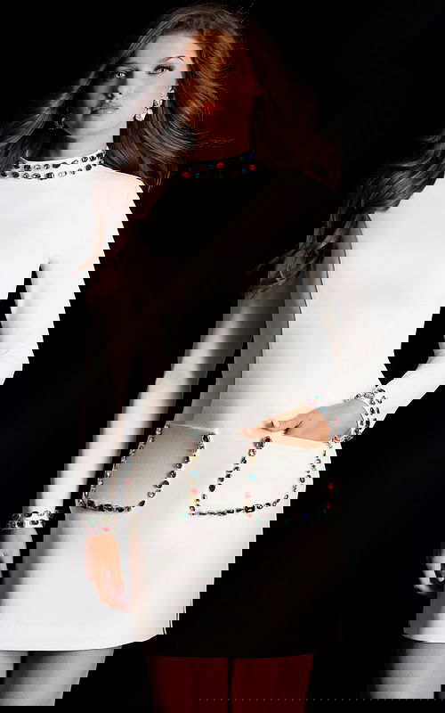 Long sleeve white dress with jeweled neckline and front pockets