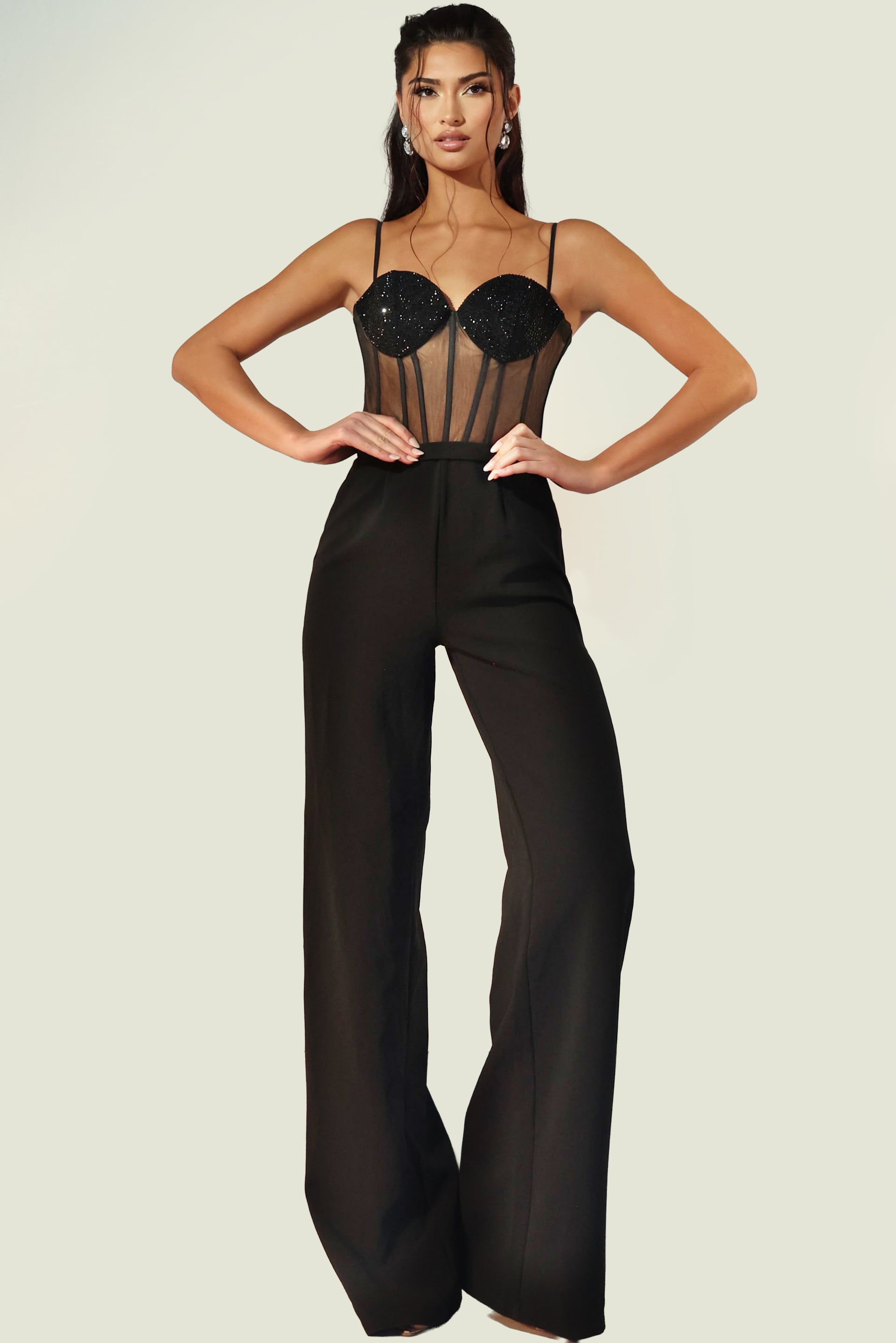 Sheer Corset Jumpsuit With Beaded Bust 45181 | Jovani