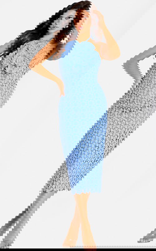 Elegant fitted lace dress featuring strapless back and scalloped hem