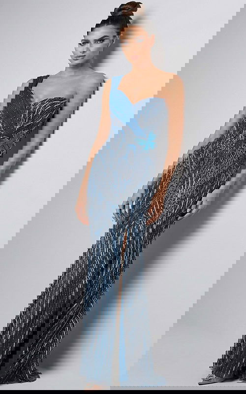 Front view of one shoulder beaded gown with fitted bodice and front slit