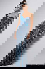 Front view of one shoulder beaded gown with fitted bodice and front slit