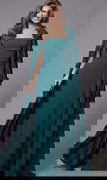 Emerald square neckline gown with flowing floral cape