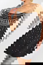 Beaded Black Fit and Flare Short Dress with Rhinestone Details