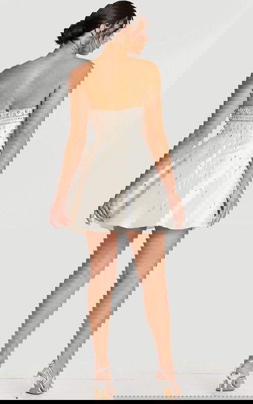 Back View of Strapless White Party Dress with Gems