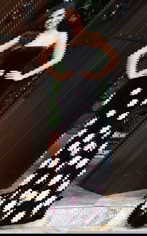 Strapless Velvet Gown With Rosette Appliqués