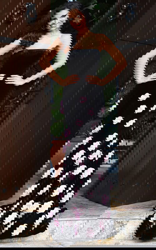 Strapless Velvet Gown With Rosette Appliqués