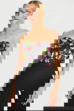 Strapless Black Corset Top with Colorful Floral Beading