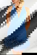 Fitted Denim Party Dress Featuring Fluffy Hemline Details