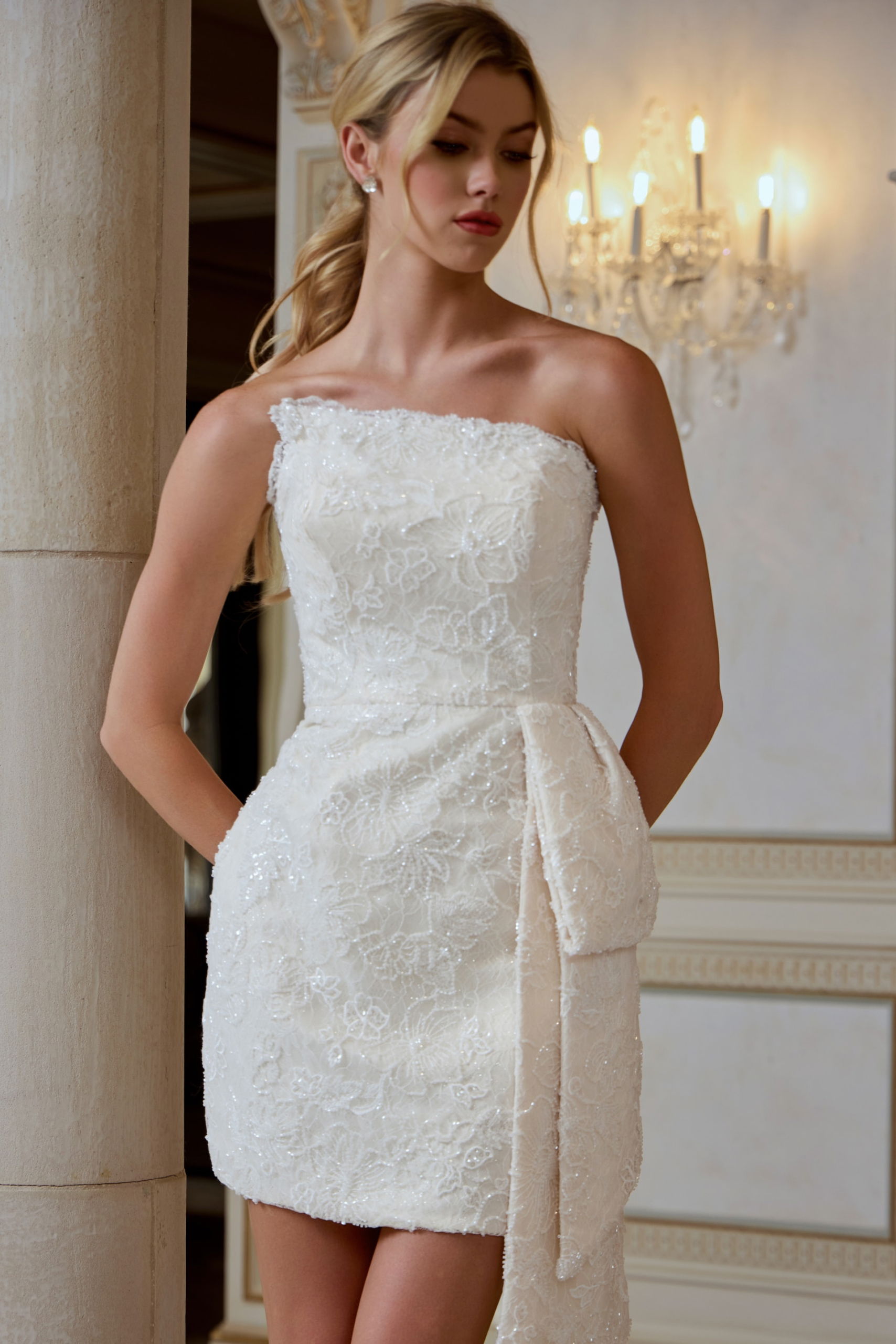 45260_IVORY_1 strapless fitted dress with side drape 45260