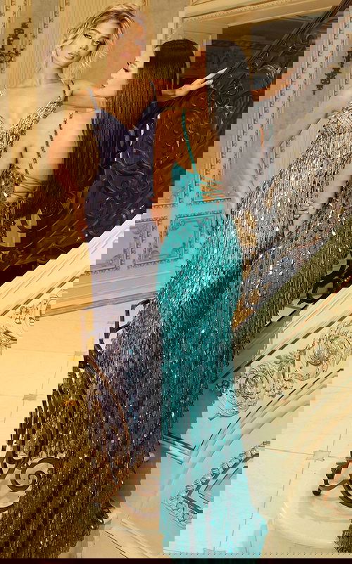 Fully sequin fitted gown with lace up back and thin straps