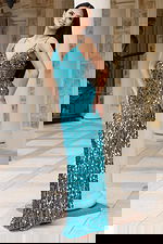 Front view of sequin V neck gown with fitted silhouette