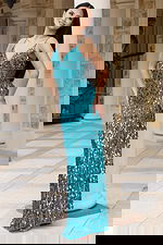 Front view of sequin V neck gown with fitted silhouette