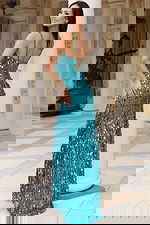 Back view of lace-up sequin gown with open back design