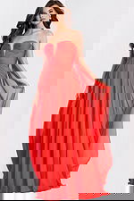 Coral red strapless prom dress with chiffon cape