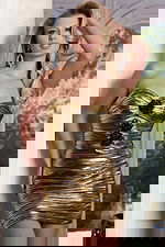 Back view of strapless metallic mini dress with ruched texture