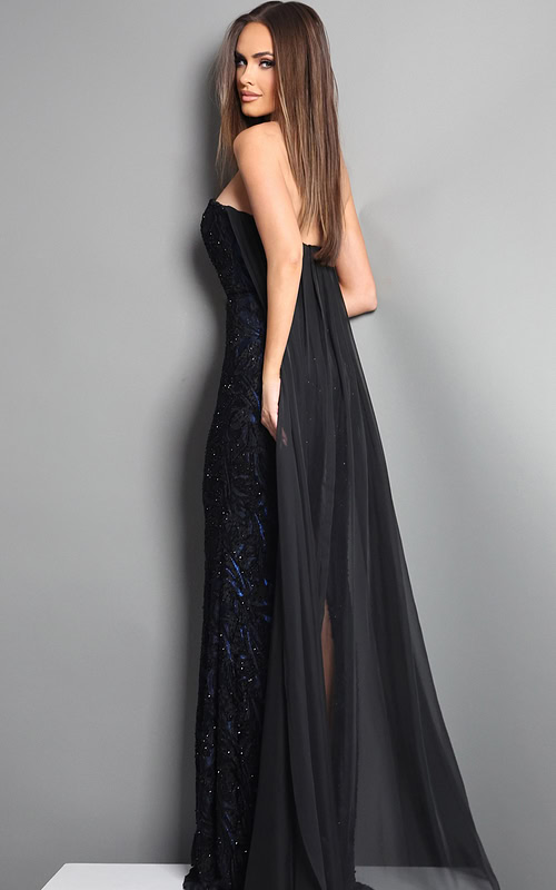 black sheath long dress with strapless sweetheart sequin embellished sheer overlay