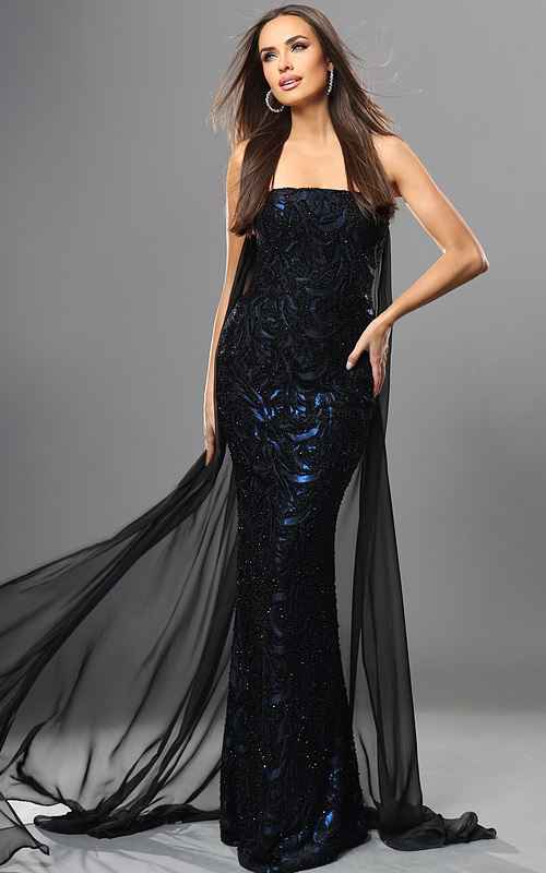 black sheath long dress with strapless sweetheart sequin embellished sheer overlay