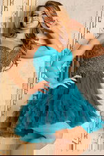 Short teal tulle dress with embroidered bodice and spaghetti straps