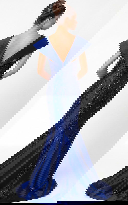 beaded mermaid gown with open V back and flowing train