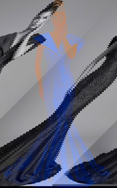 beaded mermaid gown with deep V neckline and sculpted collar