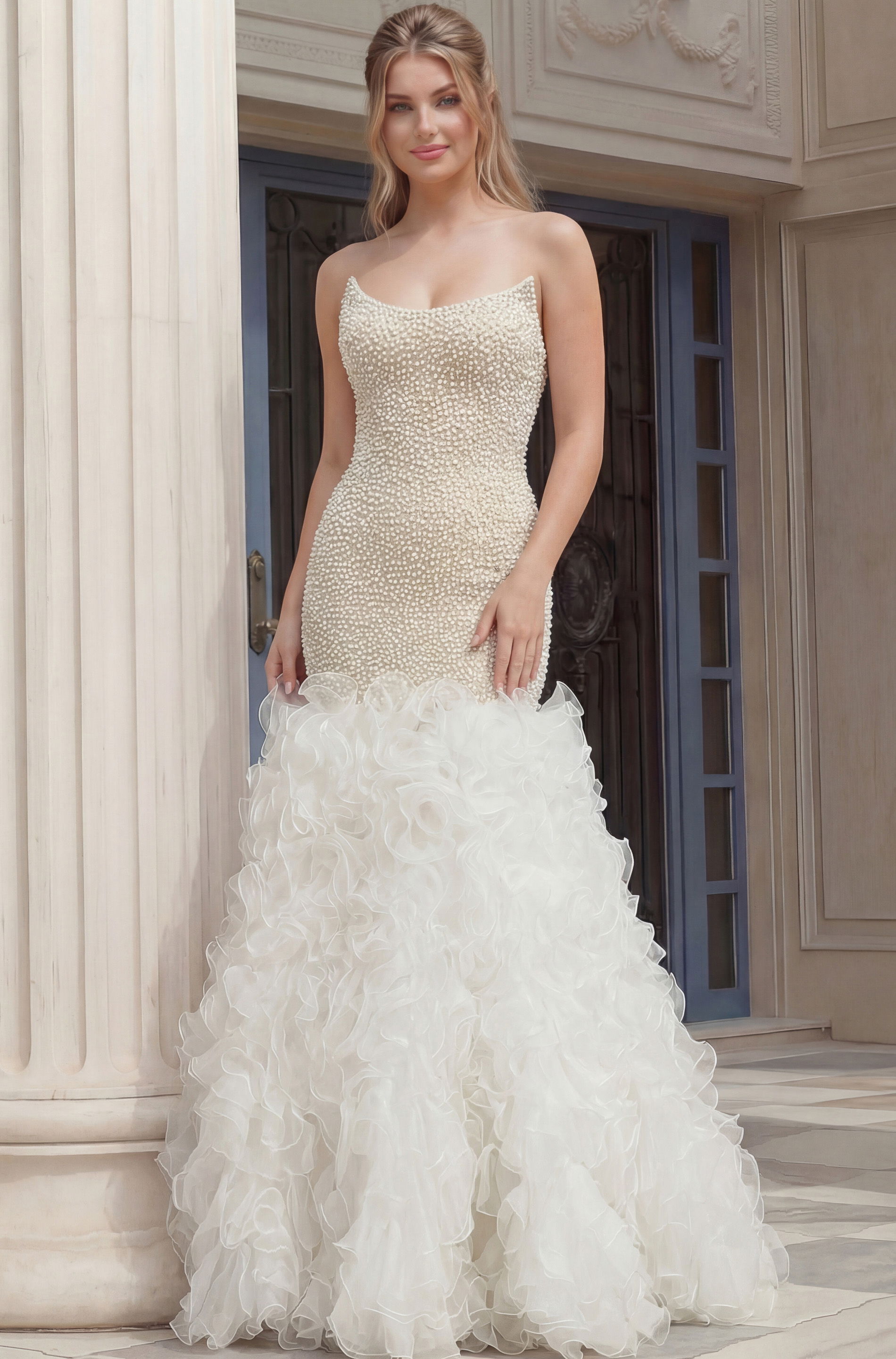 45339 mermaid beaded dress with ruffled skirt 45339