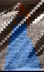 Strapless gown with fully beaded sweetheart bodice and voluminous tiered ruffle skirt in sheer layered fabric