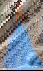 Strapless beaded bodice gown with open back and tiered ruffled skirt in sheer layered fabric