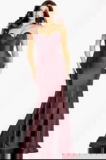 Back view of strapless satin gown showcasing sculpted seams and train