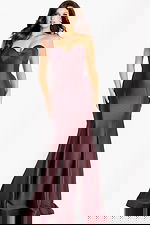 Back view of strapless satin gown showcasing sculpted seams and train