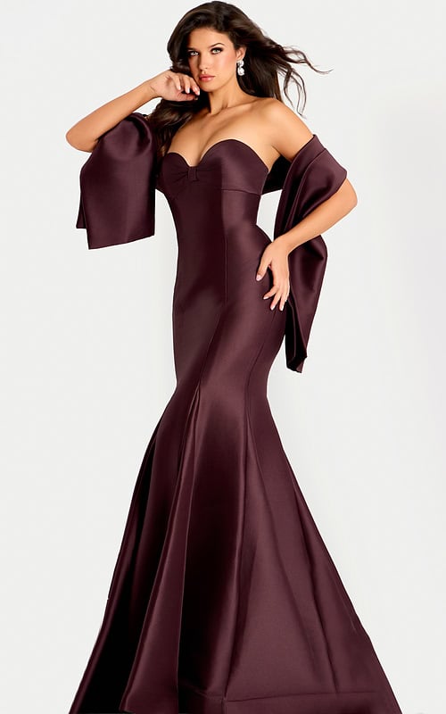 Fitted formal gown with flared hem and smooth satin finish