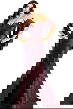 Luxurious floor length satin dress with structured bodice and draped shawl