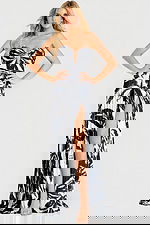 Strapless pleated gown with black and white print