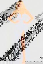 Strapless pleated gown with black and white print