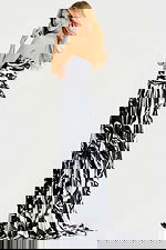 Pleated gown with front slit and abstract print