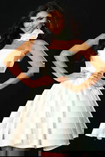 Strapless satin dress with floral neck detail and flared skirt