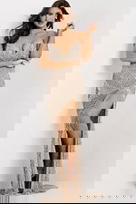 Strapless beaded evening gown with sweetheart neckline and slit