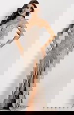 Embellished sheath gown with shimmering beadwork and open back