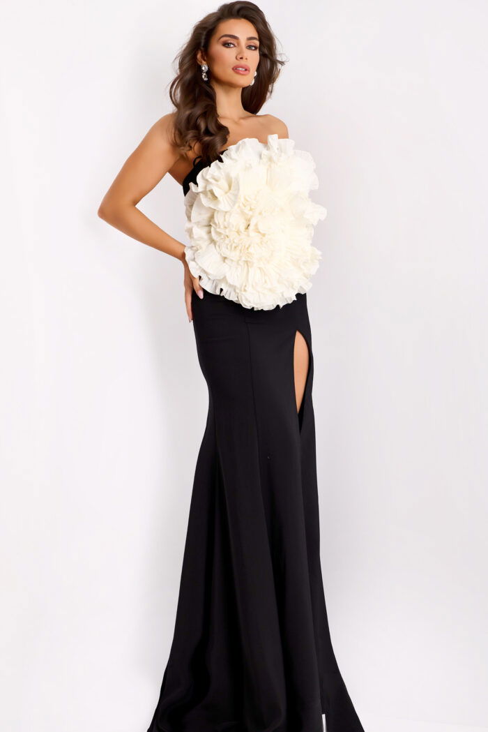 black fitted dress with floral ruffles 45450