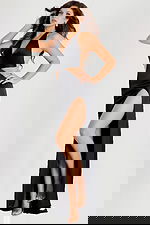 Open-back satin dress featuring rhinestone straps and sleek silhouette