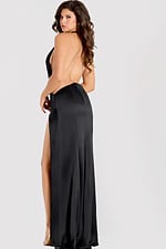 Black satin gown with halter neckline and high leg slit