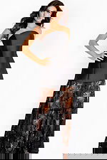 black strapless dress with taffeta simple bodice on top and lace fabric at the bottom 45467