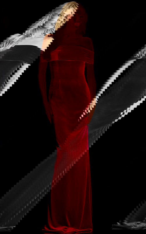 Fitted velvet gown with fold-over neckline