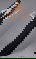 Front view of a fitted halter gown with crystal trim and deep neckline detail